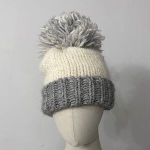 Gelso Bianco Women’s Gray and White Pompom Beanie fuzzy cozy warm winter hat